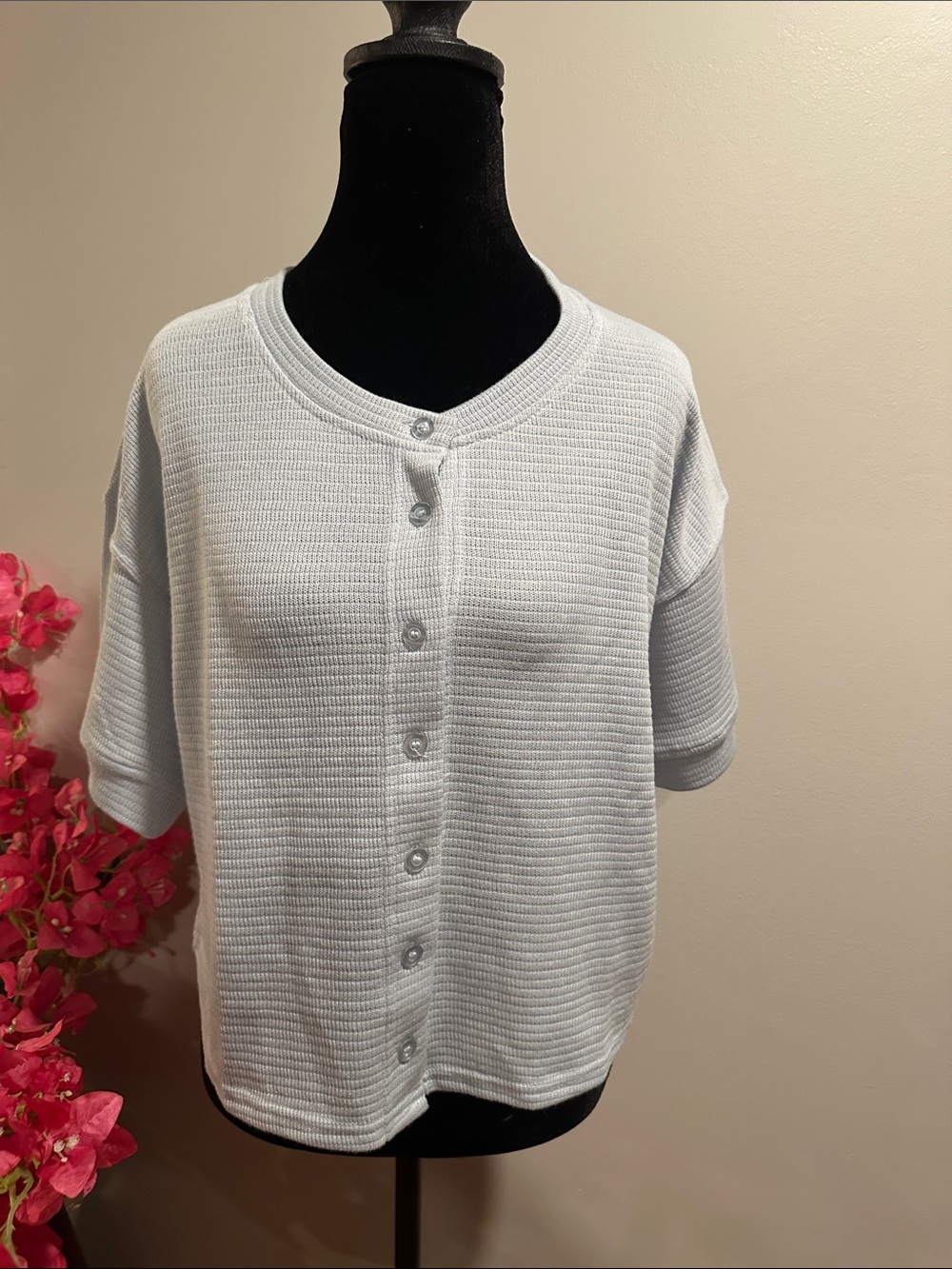 Light Gray Button-Front Waffle Knit Top